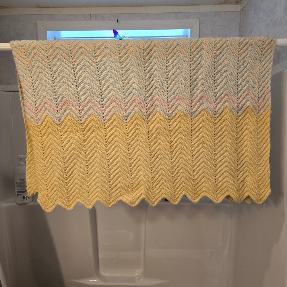 Vintage hand crocheted chevron ripple blanket yellow pastel 46" x 36"